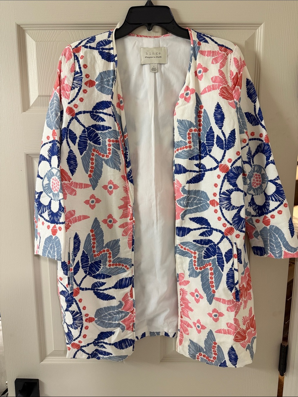 hinge White Open-Front Floral Embroidered Cardigan with Blue & Pink Accents